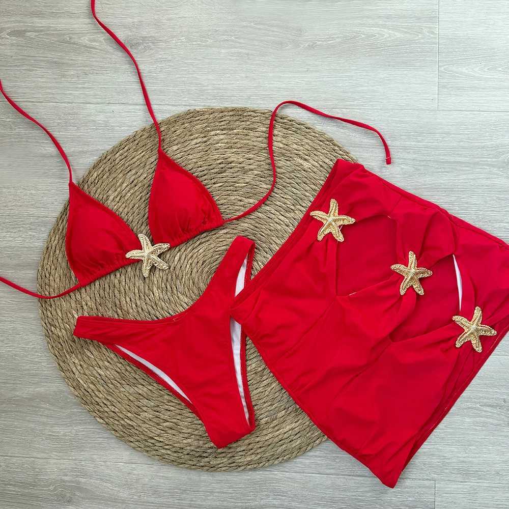Sexy starfish 3 Pieces Bikinis 2025 Swimsuit For Women Black Swimwear Brazilian Bikini Set Biquini Fa Swimuits BeachwearXJ241212