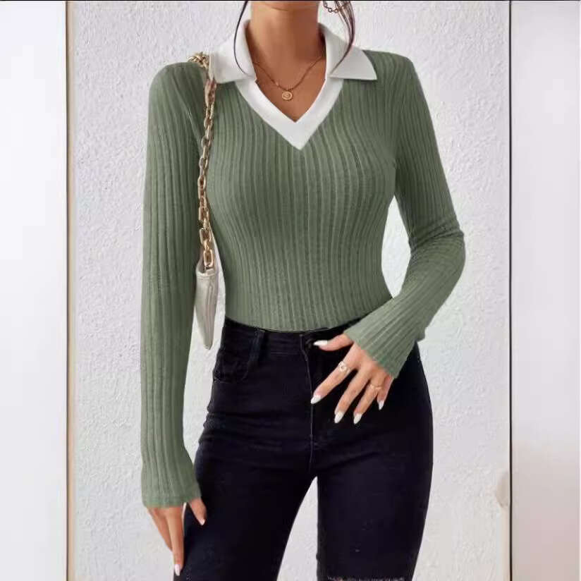 European American 2024 Spring Autumn new pullover knitted long sleeved top with large V-neck and simple base T-shirt