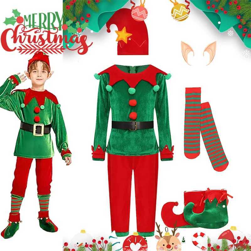 2-12 Yrs Kid Deluxe Christmas Elf Costume 7 Pieces Green Red Elevs Suit Top+Pants+Socks+Hat+Belt+Shoes Covers+Ears Santa Uniform W241213