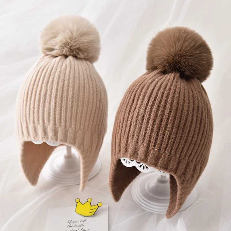 Winter Baby Beanie Hat With Earflap Fur Ball Winter Woolen Knitted Hats For Kids Outdoor Warm Girls Boys Ear Protection CapXJ241213
