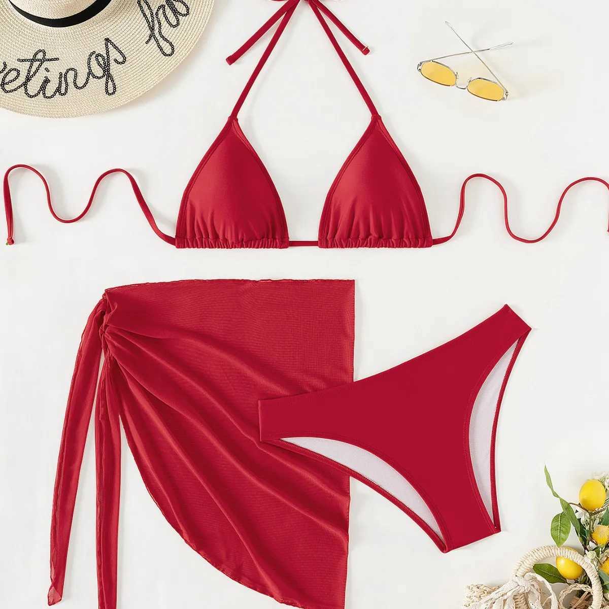 Roupas Finina New Beach Sty Bikini 2025 Women Spliced Floral Bikini Sexy Three-piece Lace-up Bikinis Sets Chic Bikini BK1366XJ241212