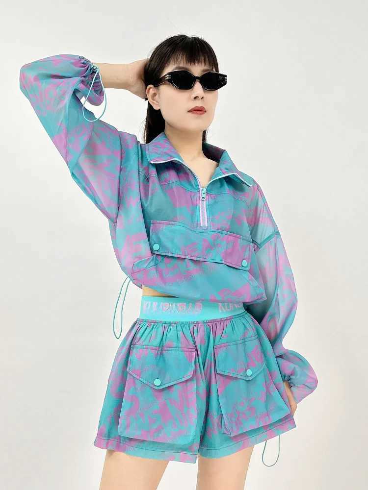 Women's Two Piece Pants Womens Printed Suit Korean Casual Thin Sunscrn Clothes Pocket Drawstring Long Slve Top Shorts 2-Piece Set Female Sportswe