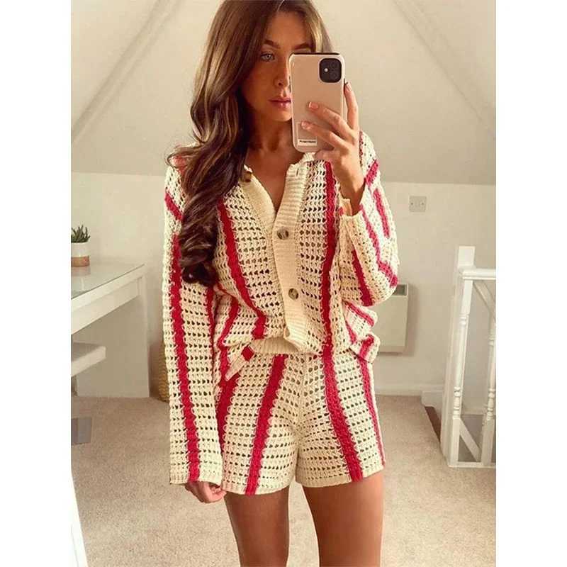 Women's Two Piece Pants Jinia trendy striped 2 piece sets women 2024 lapel knitted long slve top loose pants short sets summer ladies boho strtwe