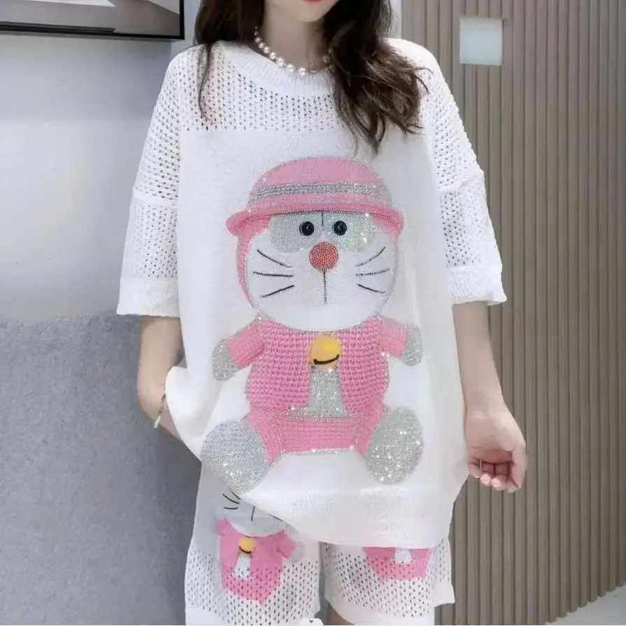 Women's Two Piece Pants 2023 Two Piece Sets Womens Outfits Hollow Out Cartoon Diamonds Short Sets Casual Knitting Tops and Shorts Y241213C1NI