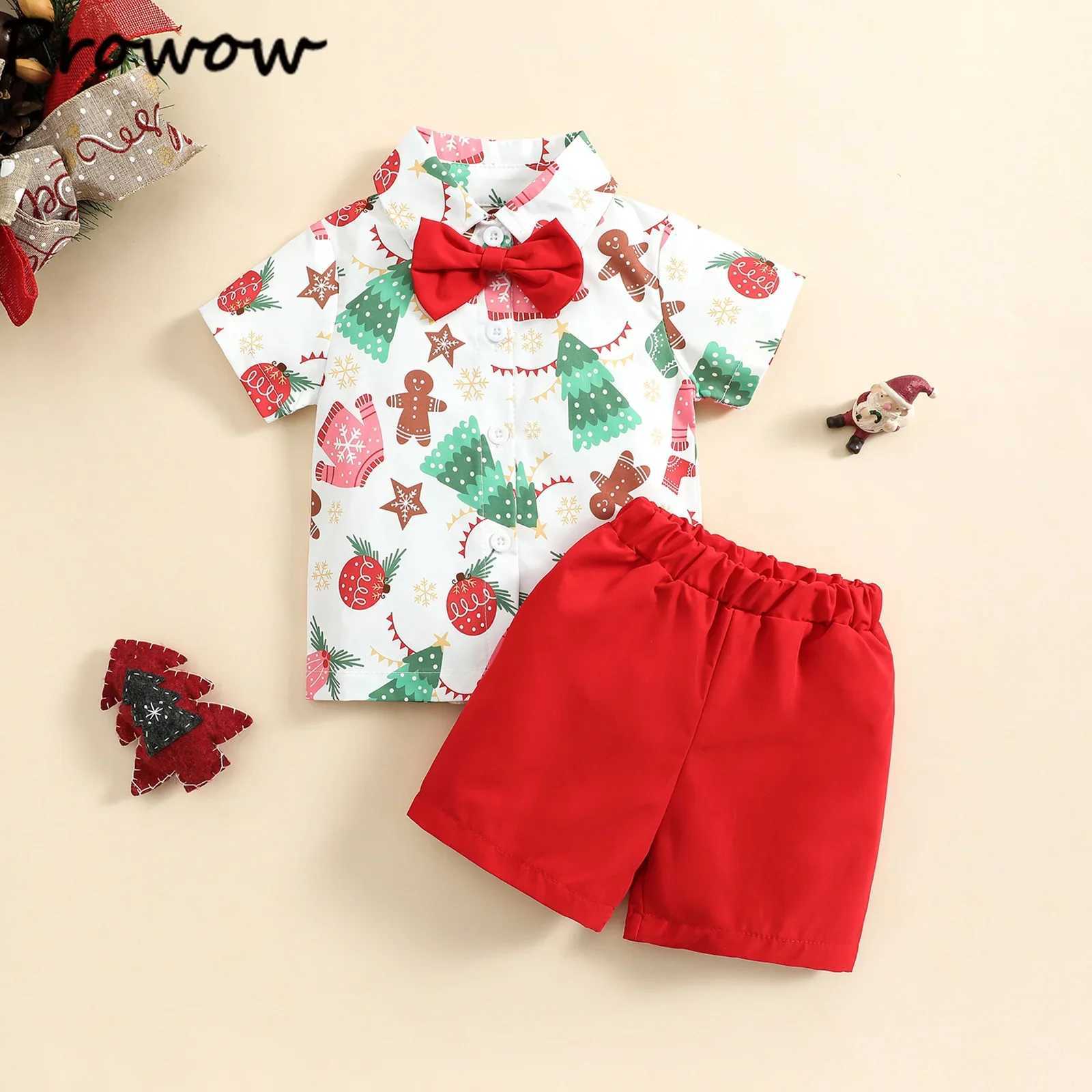 Preschool boys Christmas set gentlemans set childrens short sleeved deer shirt and red short sleeved childrens New Years clothing W241213