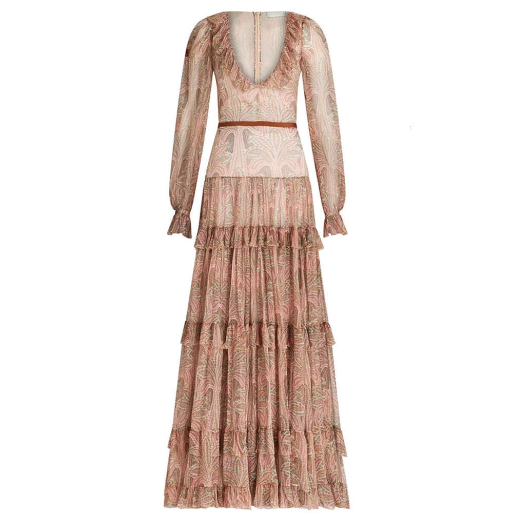 European And American Bohemian Flared Sleeve Print V-Neck High Waisted With Ral Patterns, New Style For Women's Long Dress