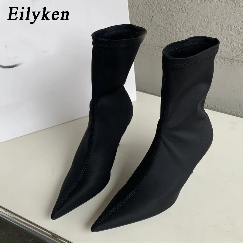 Eilyken 2024 spring autumn stretch fabric womens ankle boots sexy Pointed Toe high heels fashionable womens socks pump shoes 241213
