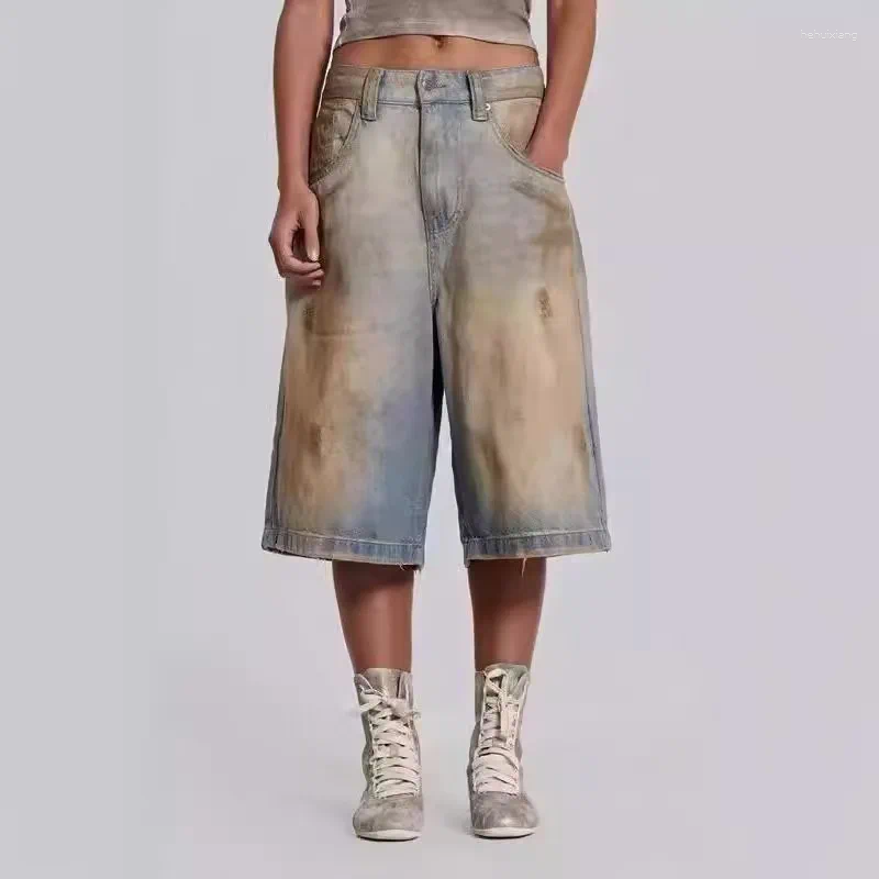 Women's Shorts Jaded London Yellow Full Same Style Dirty Stained Blue Fading Distressed Straight Leg Jeans Mid Pants