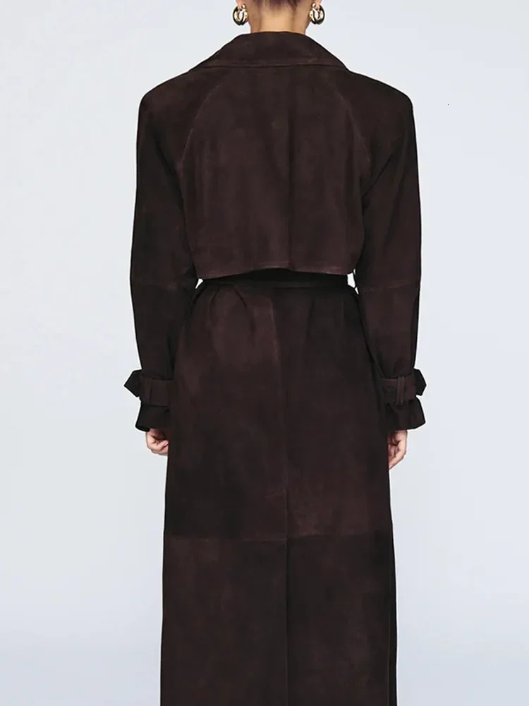 Winter Brown Suede Leather Overcoats Oversized Lapel Buttons Womens Long Coats Autumn Female Chic High Street Outwear 241213