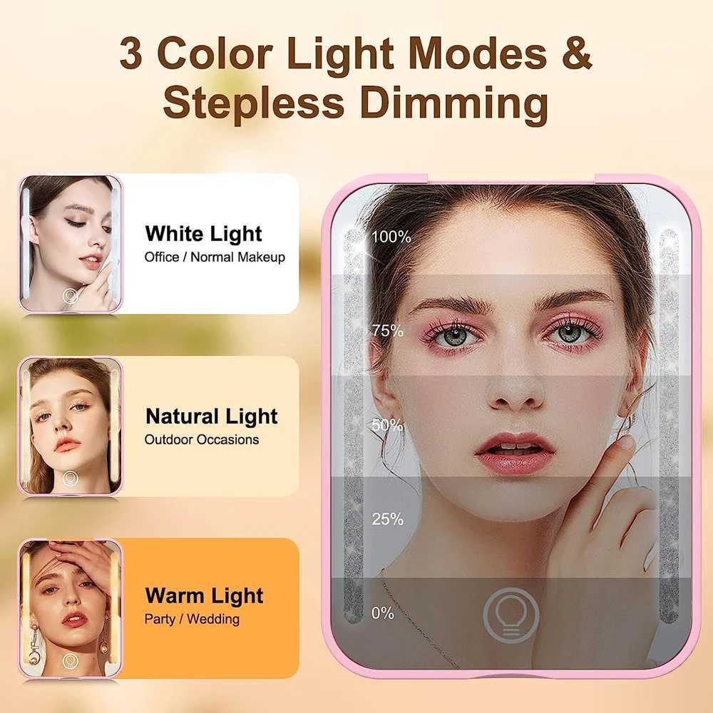 Rechargeable Travel Mirror 1x/2x Magnification Compact Mirror 3 Color Lights Pocket MirrorPortable Makeup Mirror Gift For GirlsXJ241213