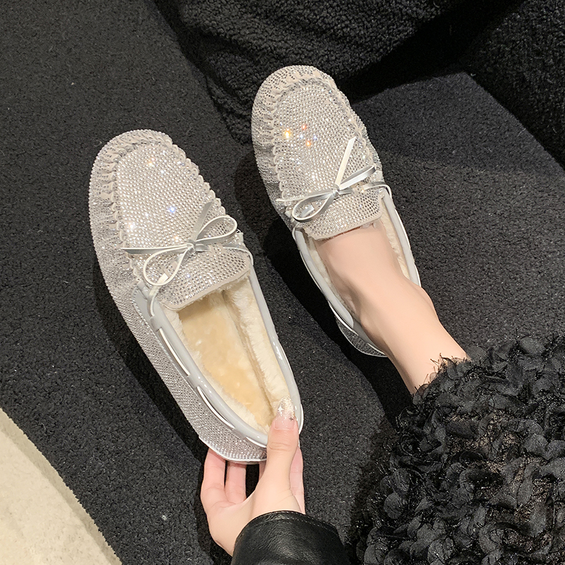 2025 High Quality Designer Plush Women's Flat Shoes Fashion Women's Luxury Bow Water Diamond Casual Shoes Plus Size Winter Warm Work Shoes S