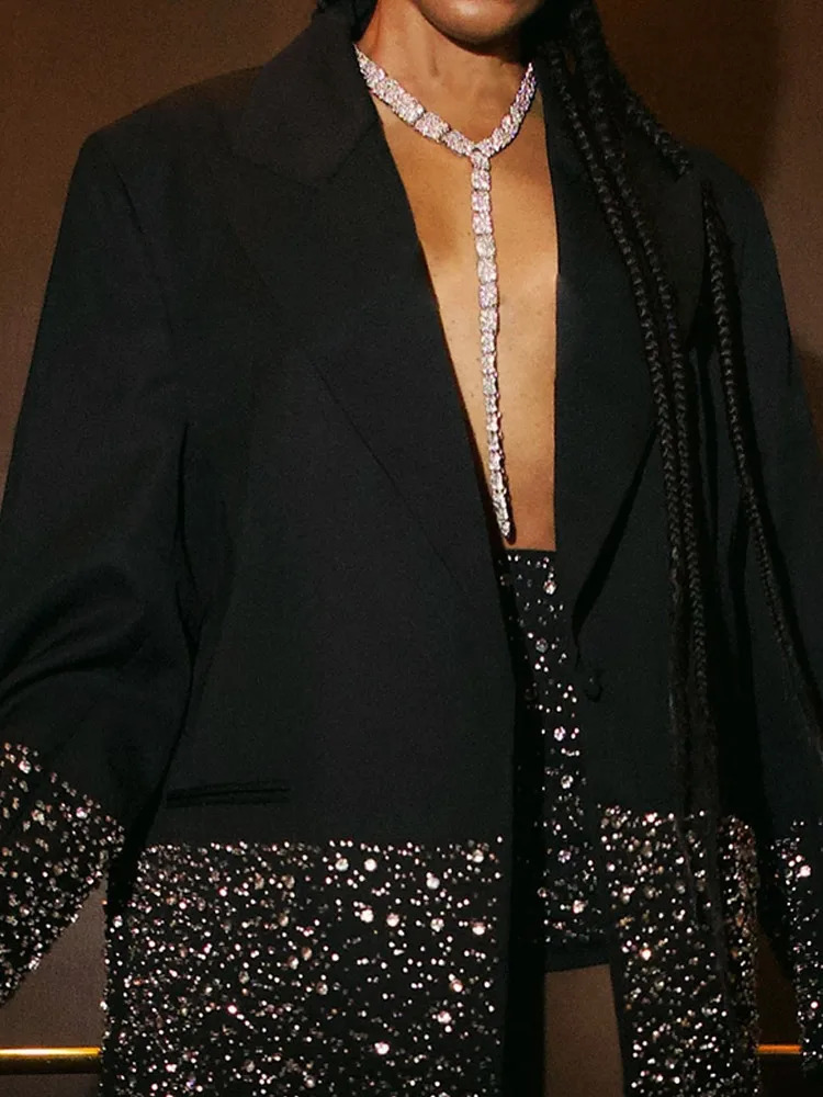 Women Fashion Shiny Dia Blazer Jacket Shorts Two-Piece Set Female Lapel Long Sleeves Coat 2024 Fall New Lady Party Suit