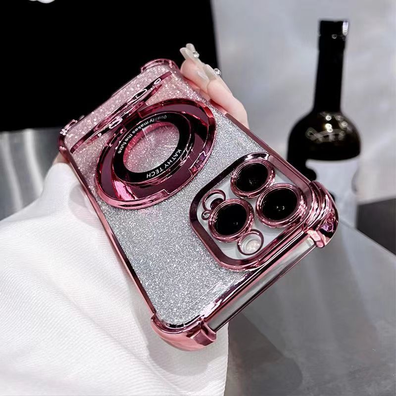 Luxury Four Corner Bling Glitter Clear Soft TPU Ring Stand Magnetic For Magsafe Wireless Charging Cases With Lens Film Protector For iPhone 16 15 14 1