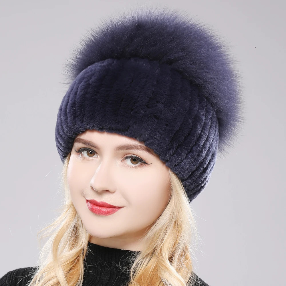 Russian Style Womens Genuine Fox Fur Hat for Girls Natural Genuine Rex Rabbit Fur Skull Hat Knitted Winter Genuine Fur Hat 241205