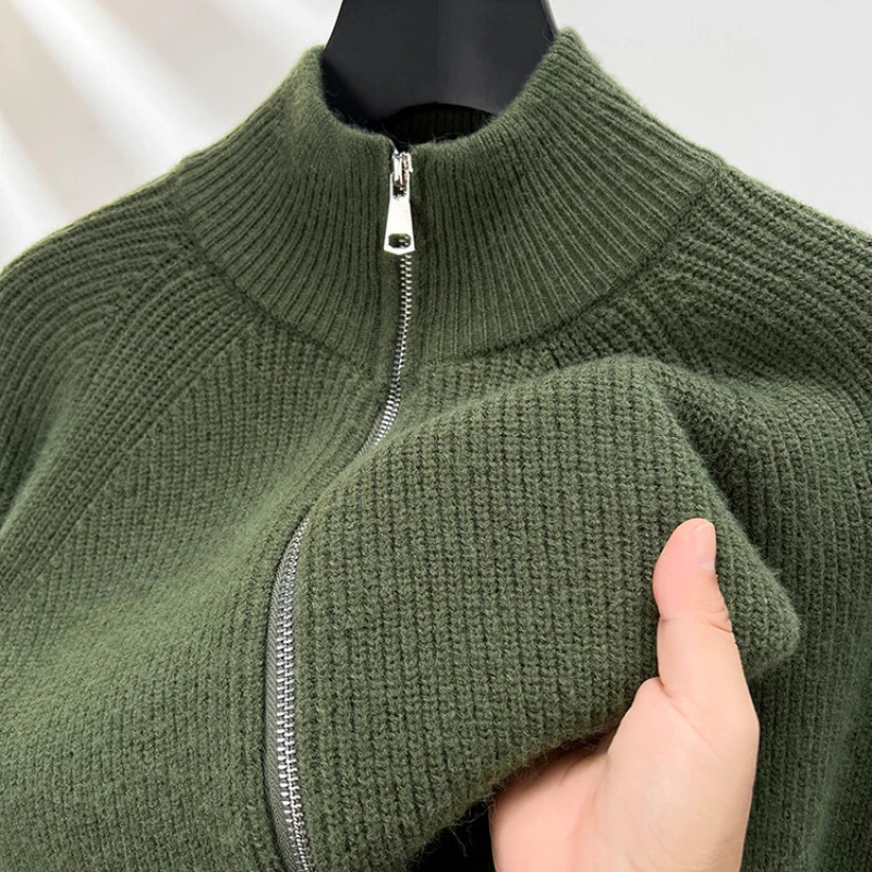 A semi turtleneck solid color mens cardigan with a zipper autumn and winter warm longsleeved sweater 241213