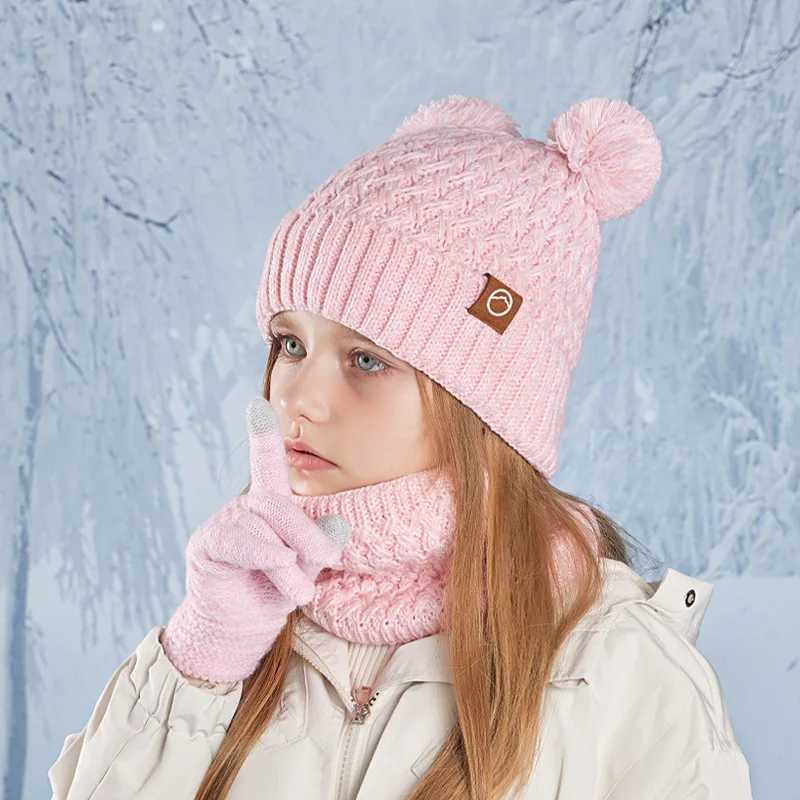 3Pcs Winter Kids Hat Set for Girls Boys Warm Knitted Children Beanie Scarf Gloves Fleece Lining Pompom Children Cap 4-10YXJ241213