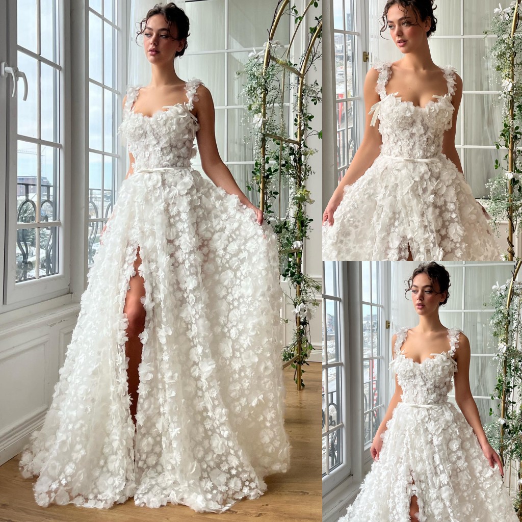 Thigh Stunning High Slit Wedding Dresses Beaded D Wers Appliqued Bridal Gowns A E Spaghetti Straps Necke Tulle Vestido De Novia