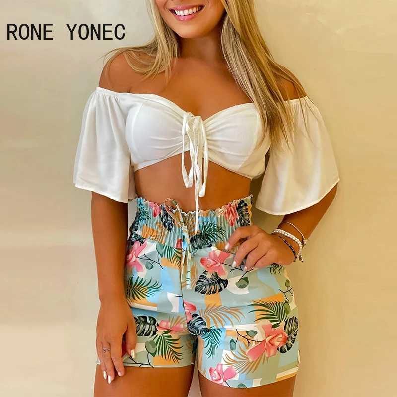 Women's Two Piece Pants Women Elegant Off Shoulder Short Slves High Elastic Waist Lace Up Solid Top All Over Print Bottoms Short Sets Y241213Z7BU