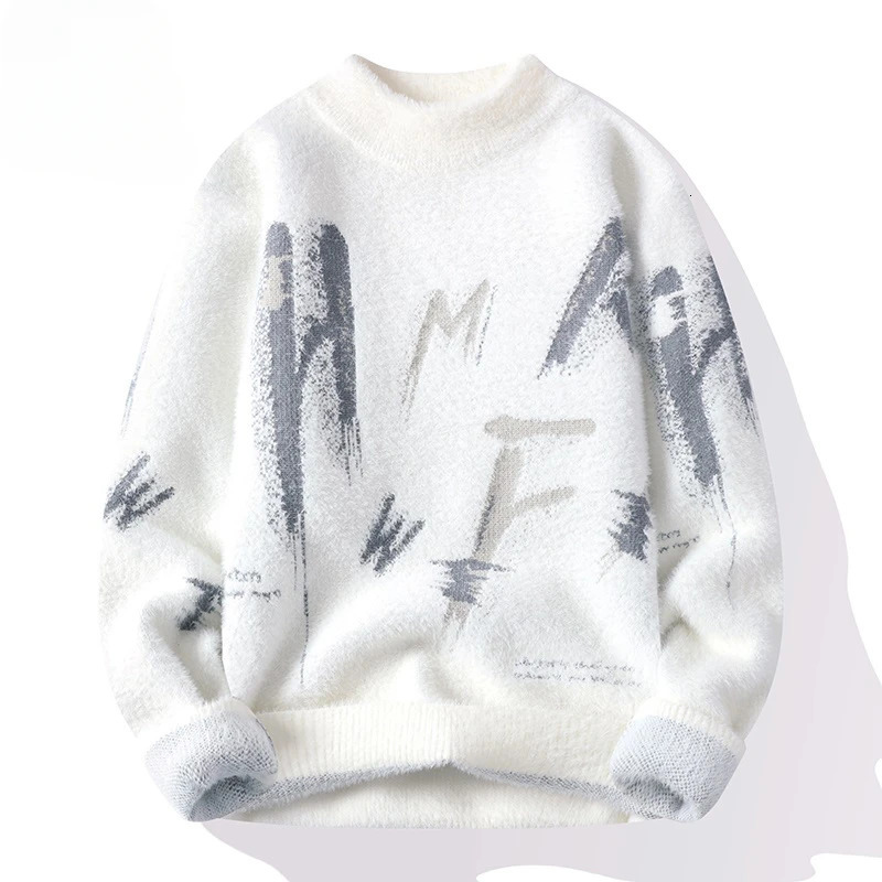 Winter Knitted Sweater Men Letter Fashion Casual Knitwear Warm Mock Neck Pullover Clothing Korean Youth 241213