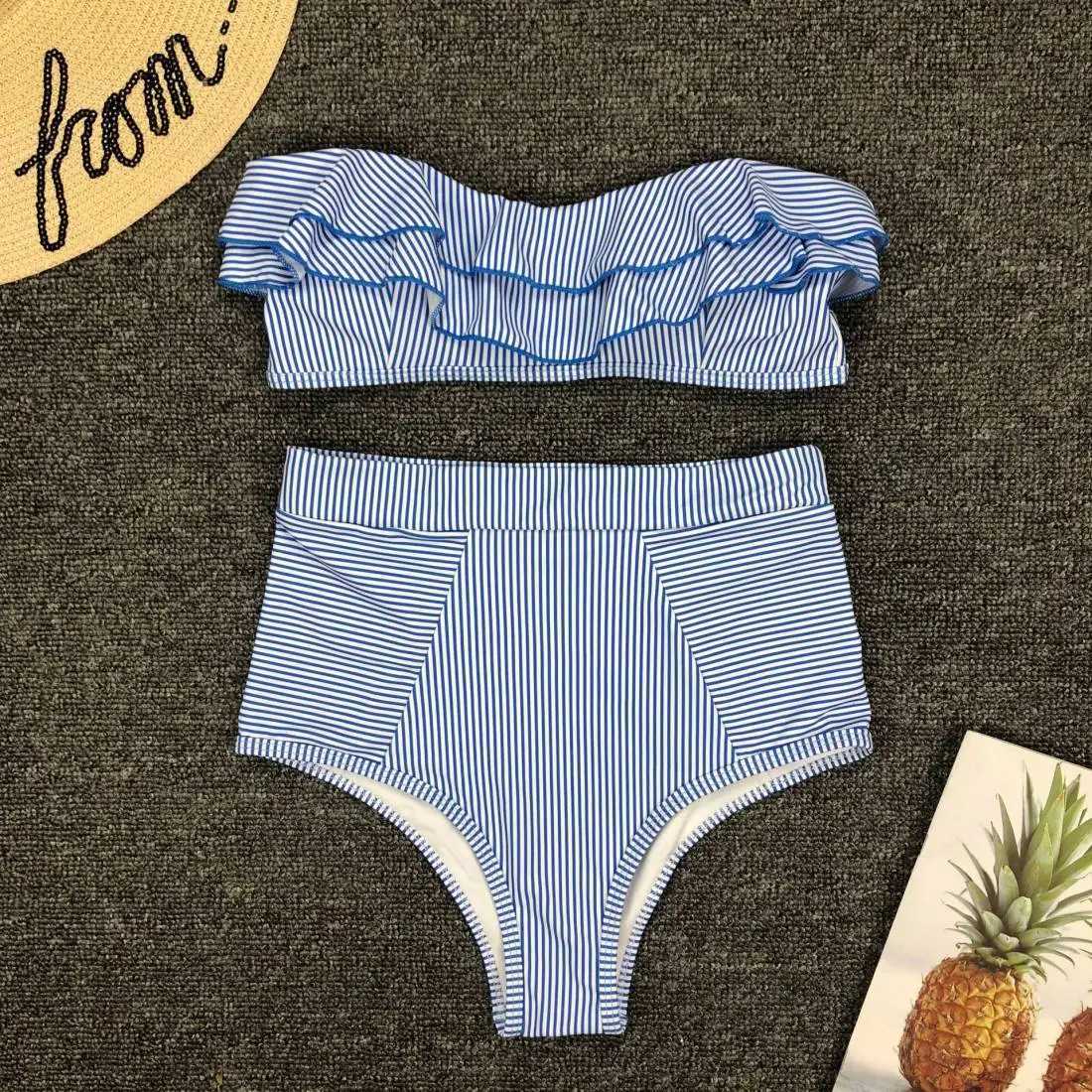 Sexy Retro Blue White Striped Bandeau High Waist Bikini 2024 Lady Swimwear Women Swimsuit Fa Ruff Ruched Swim Bathing SuitXJ241212