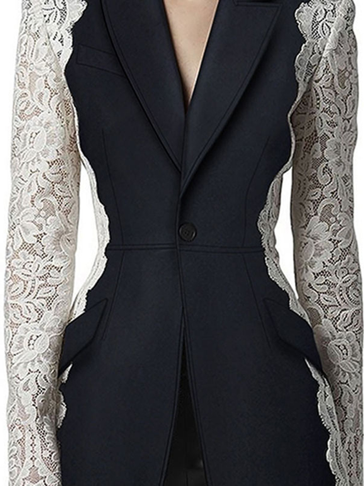 Women's Blazer New Fashion Notched Lace Patchwork Long Sleeve Contrast Suit Jackets Female Spring 2025 17A1298