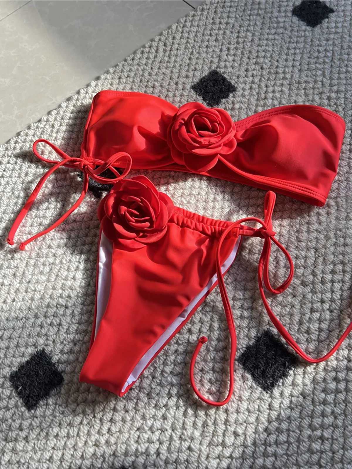 14 Colors 3D Flowers Bandeau High Cut Bikini Fa Swimsuit Women Swimwear Two-pieces Bikini set Bather Bathing Suit Swim K5265XJ241212