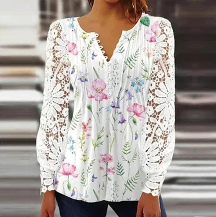 Popular Spring And Autumn Fashion New Women's Lace Sleeve Crimson Solid Color Button T-shirt Top