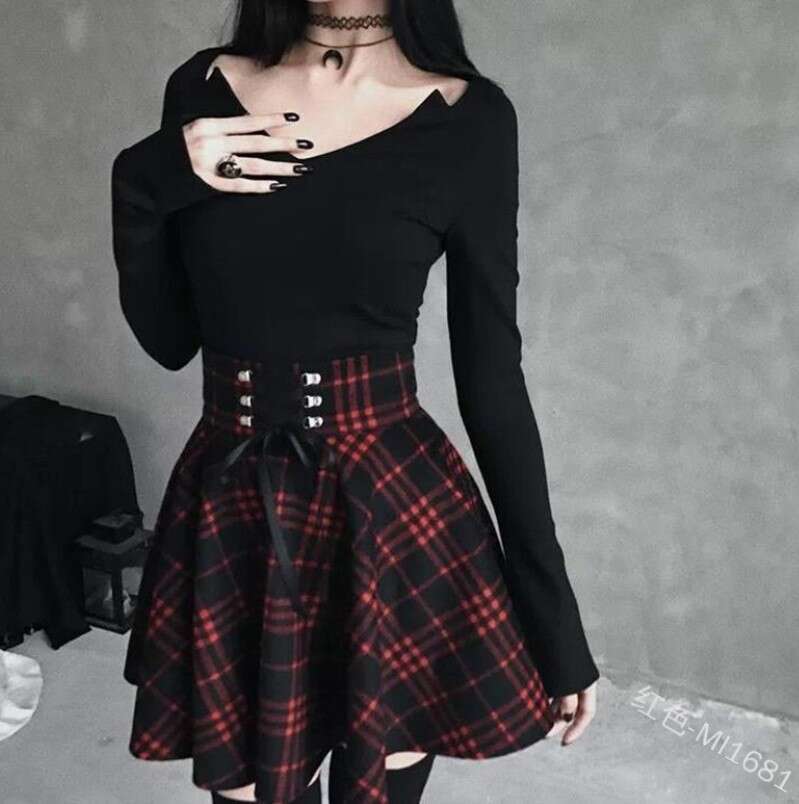 High School Fresh College Style Women's Checkered Irregular With Woven Straps, Waist Cinching And Slimming Effect, Large Skirt Skirt, Fashionable