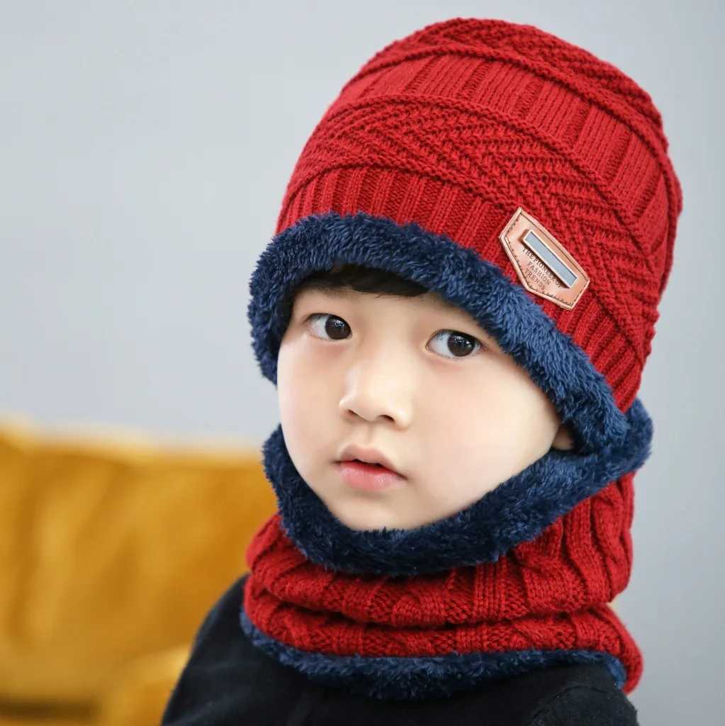 Scarves Wraps Winter Hat Scarf and Gloves Set Plush Warmer Children Knitted Hat Baby Boys Beanies Cap Neck Scarf Glove Suit For Kids Accessori H241213