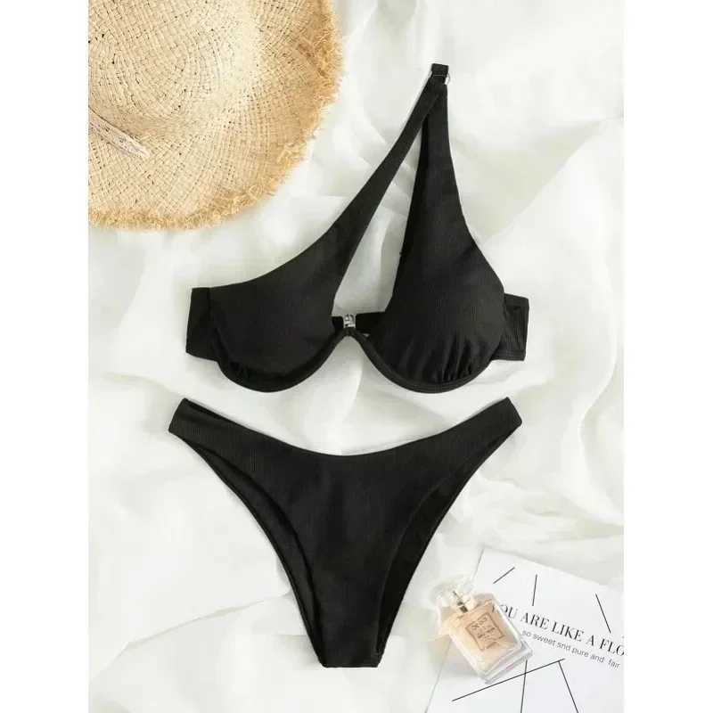 One Shoulder Bikinis 2024 Women Sexy Swimwear Fa Brazilian Swimsuit Solid Beachwear Bathers Bathing Swimming Swim SuitXJ241212