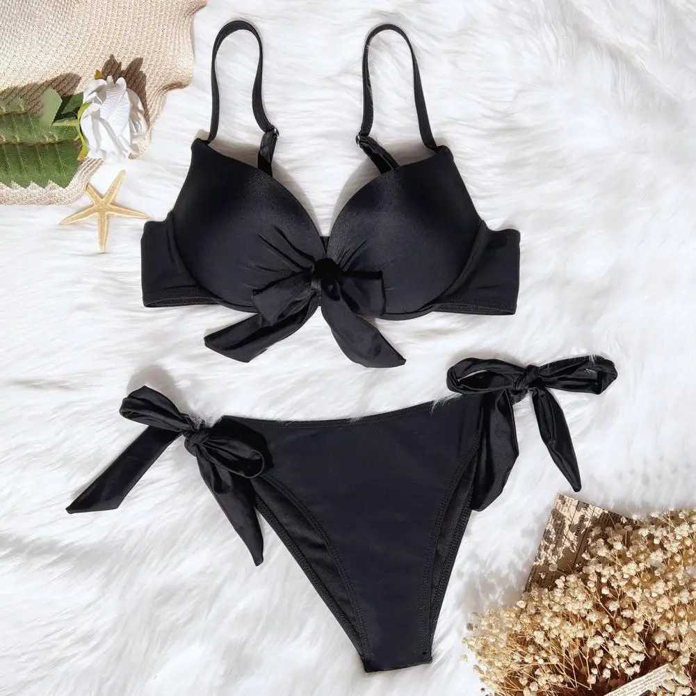 sexy front bow knot push up bikinis two pieces solid swimsuit tie bikini swimsuit Swimwear Biquini conjunto de bikini tankiniXJ241212