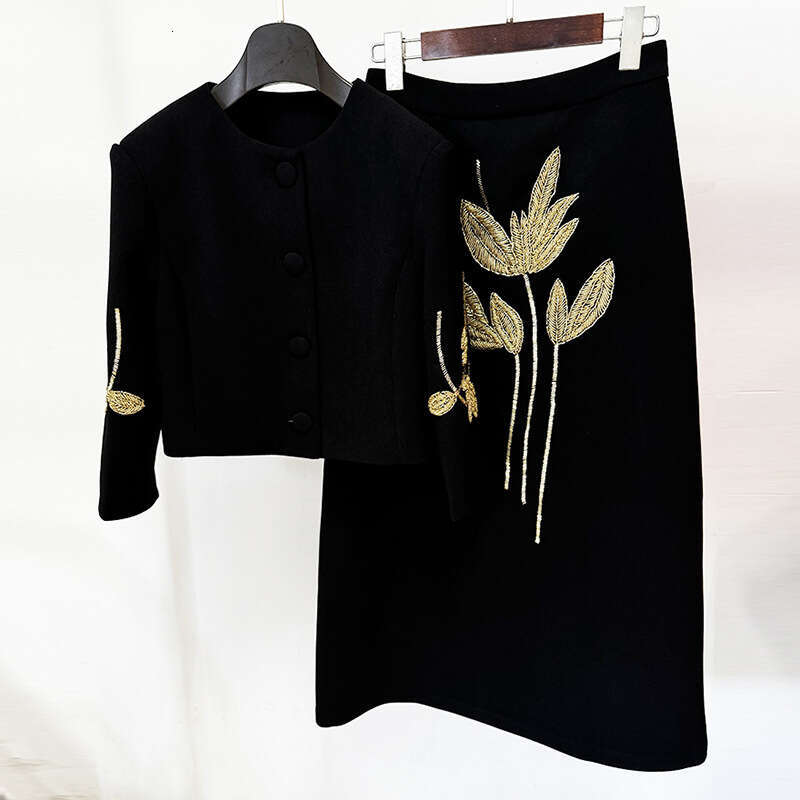 Ladies' Suit HIGH QUALITY Newest Fashion Designer Set Women's 3/4 Sleeve Beaded Cropped Jacket Midi Skirt Suit 2Pcs