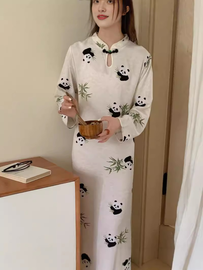 G771 Retro long-sleeved new Chinese style green national style rayon improved cheongsam skirt protein cotton silk large size dress nightgown