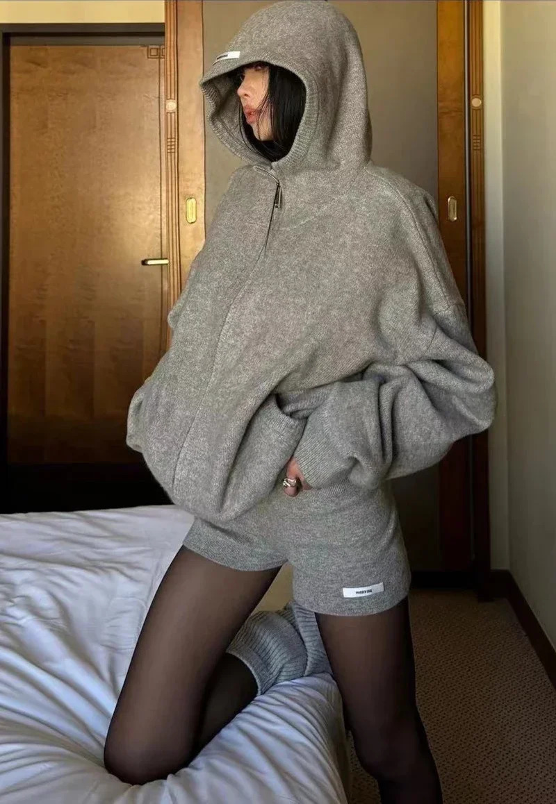 Y2k American casual sportswear lazy hooded cardigan solid color loose sweater tight shorts gray twopiece set 241211