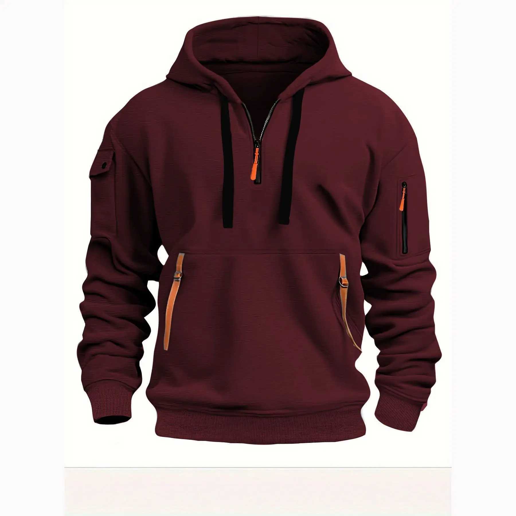 Autumn and winter hot new fashion plus velvet hoodie arm zipper pocket casual sports high quality mens pullover top W241213