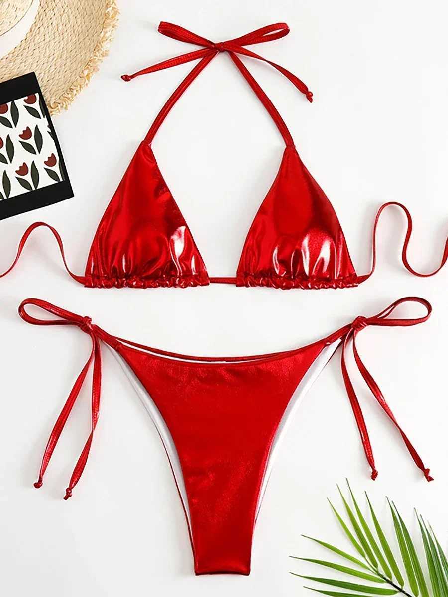 Sexy Metallic Halter Bikinis Sets Lace Up Triang Tie Side Bikini 2024 Swimsuit Women Swimwear Brazilian Fa Bathing SuitsXJ241212