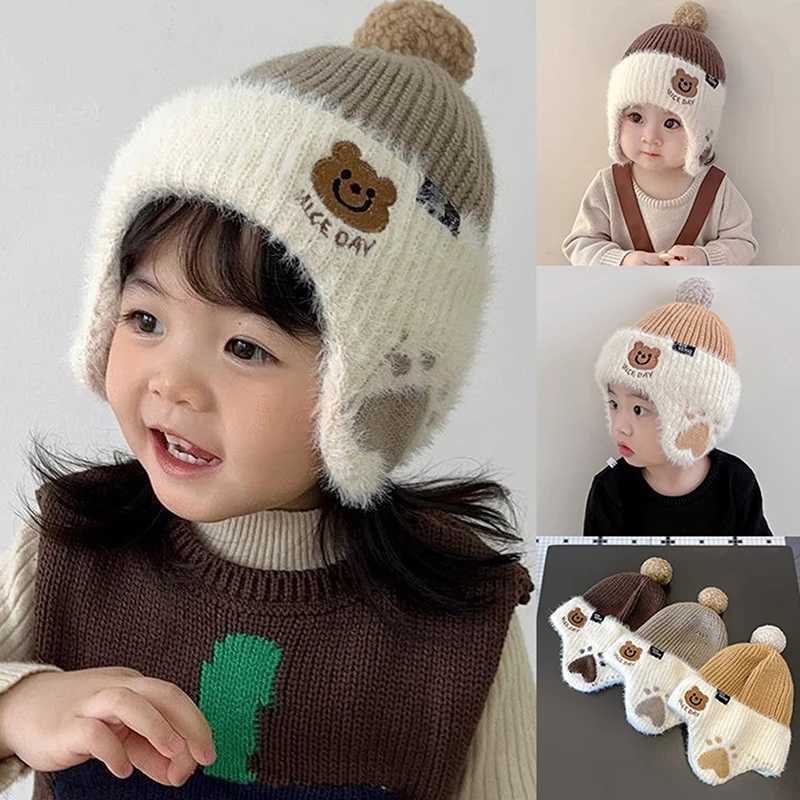 Children Plush Earmuffs Cap 1-6year Kids Winter Warm Knitted Hat Baby Bear Beanie Toddler Ear Protection CapsXJ241213