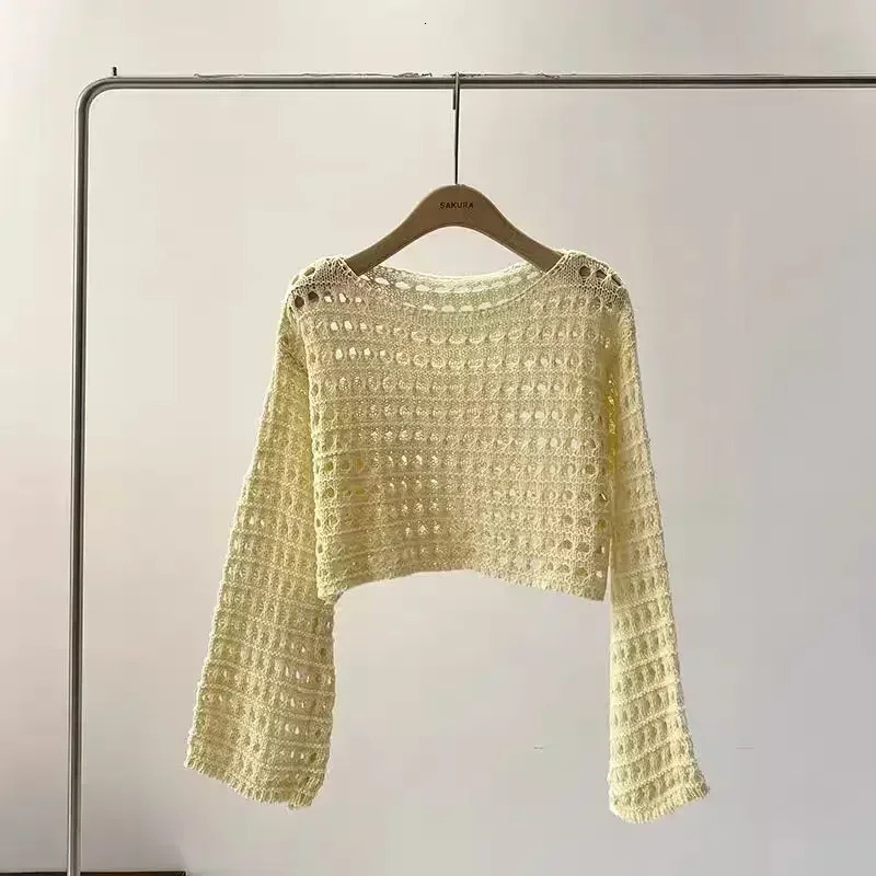 2024 Y2K Long Sleeve Crochet Knit Top Summer Beach Bikini Cover Up Crop Pullover Wool Knitwear Blouse Women Vacation Boho Outfit 241203