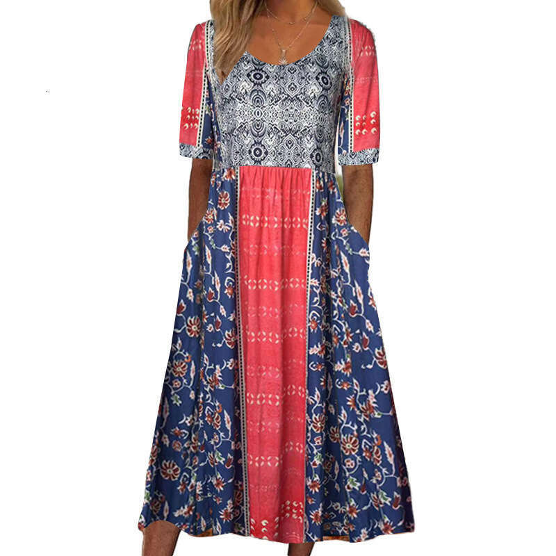 European And American New Women's Casual Round Neck Pullover Short Sleeved Printed Pleated Waist Cinching Long Skirt Dress Fashionable Quality Cl
