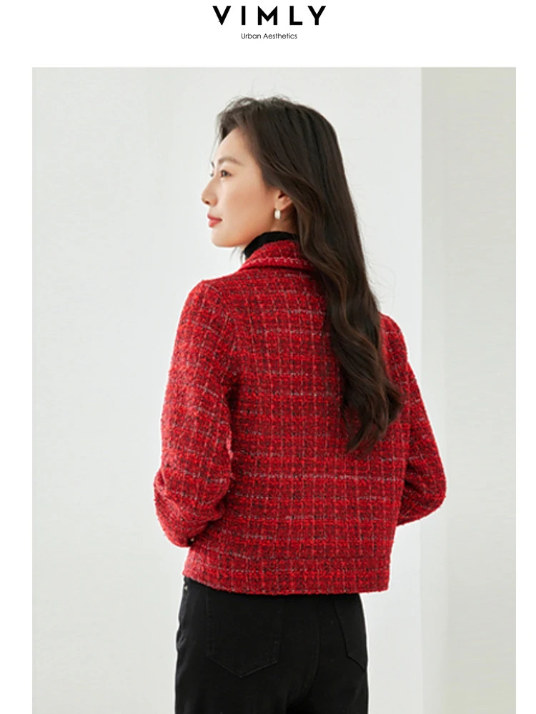Vimly Winter Red Tweed jacket is suitable for womens office and womens workwear business jacket long sleeved lapel straight short jacket M3309 241205