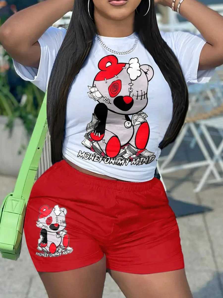 Women's Two Piece Pants LW Multicolor Two Pieces Shorts Suits Bear Letter Print Shorts Set Short Slve Pullover White Top Matching Bottoms Outfits