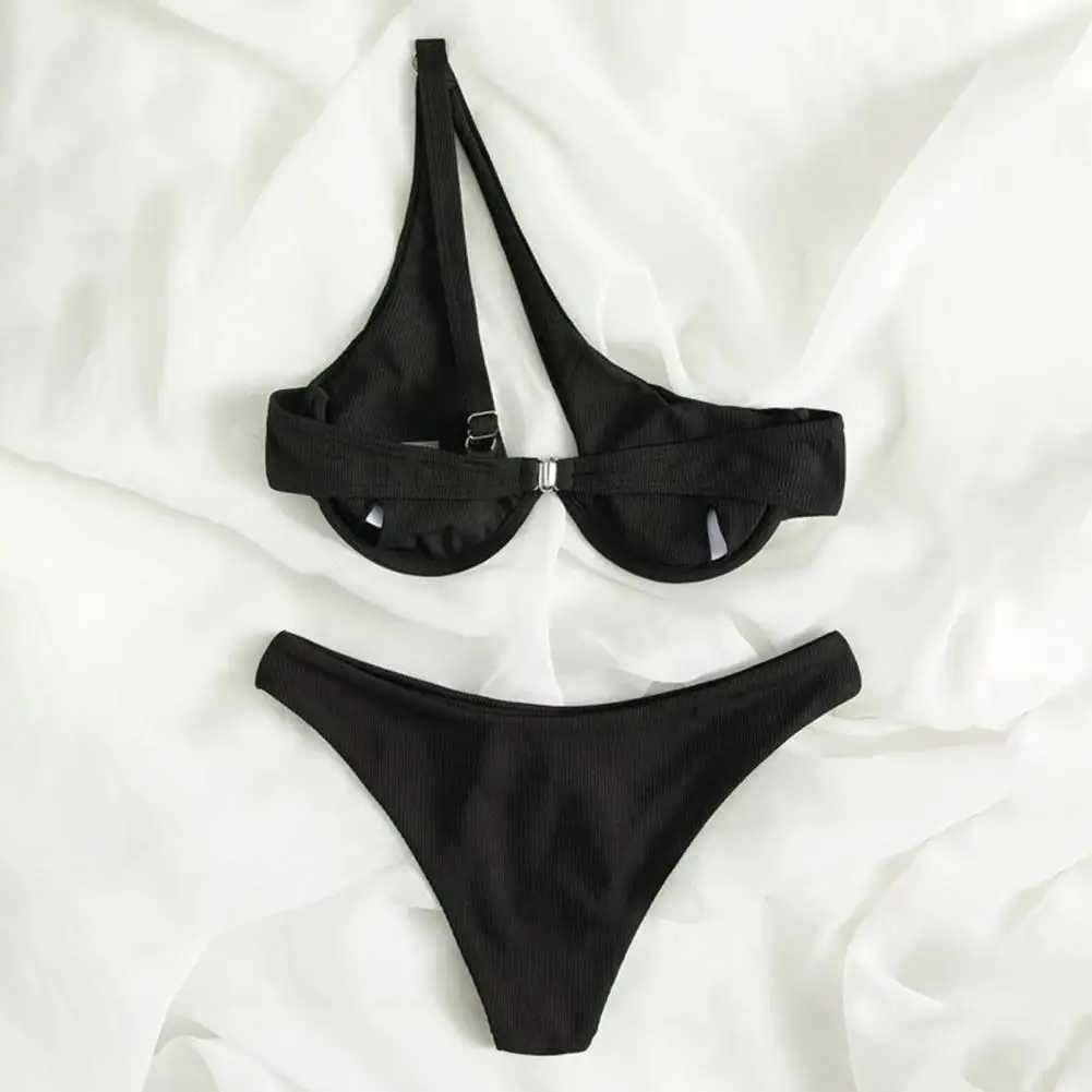 Two-piece Swimsuit Set Stylish One-shoulder Bikini Set with High Waist for Women Solid Color Beachwear Swimwear with UnderwireXJ241212