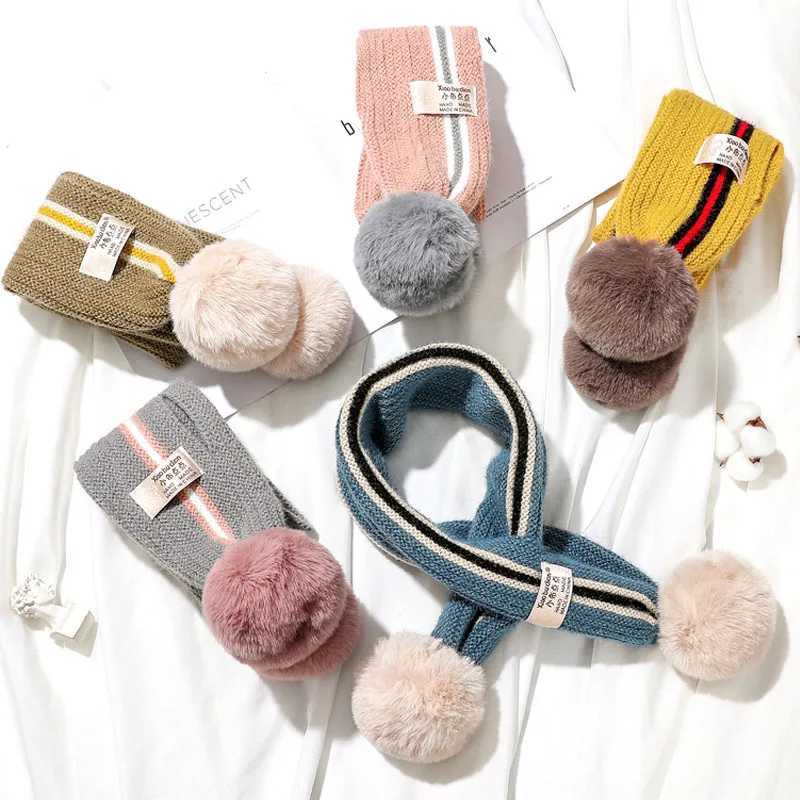 Scarves Wraps Children Scarf Knitted Winter Cashmere Soft Scarf Baby Boys Girls Lovely Fur Pom-pom Neckerchief Kids Girl Neck Warmers Scarf H241213