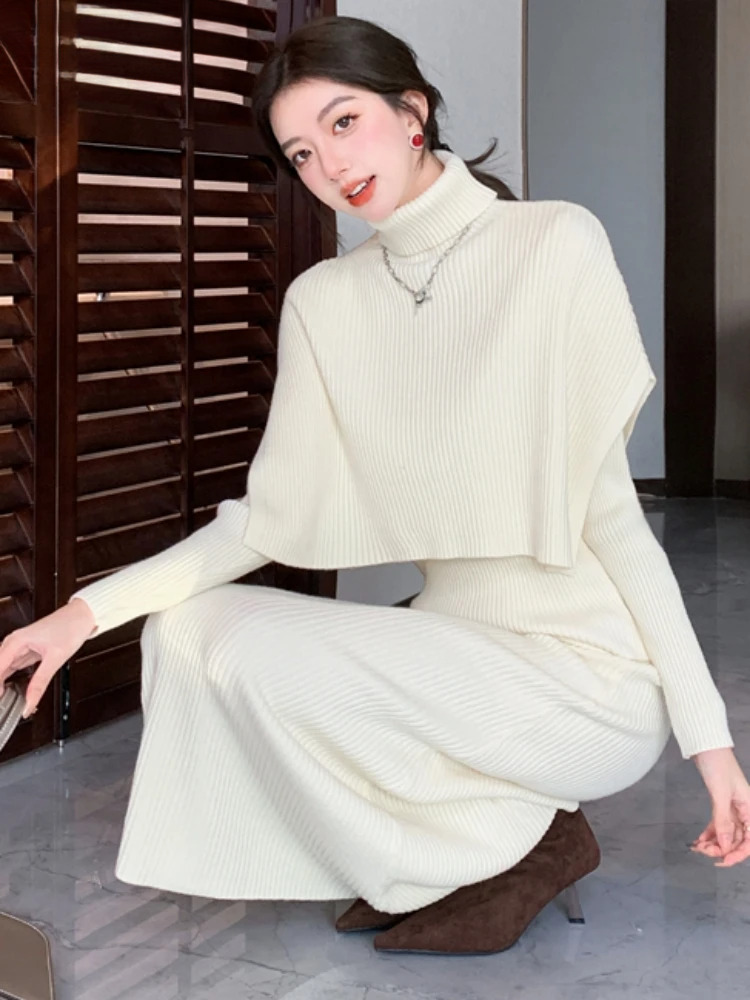 Autumn Winter Women Turtleneck Cloak Tracksuits Fashion Knitted Long Skirts Set Ladies Sweater Suit Vintage 3 Pieces Sets