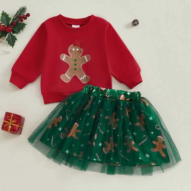 FOCUSNORM 0-4Y little girl Christmas costume set long sleeved gingerbread embroidered sweatshirt+sheer lace dress W241213