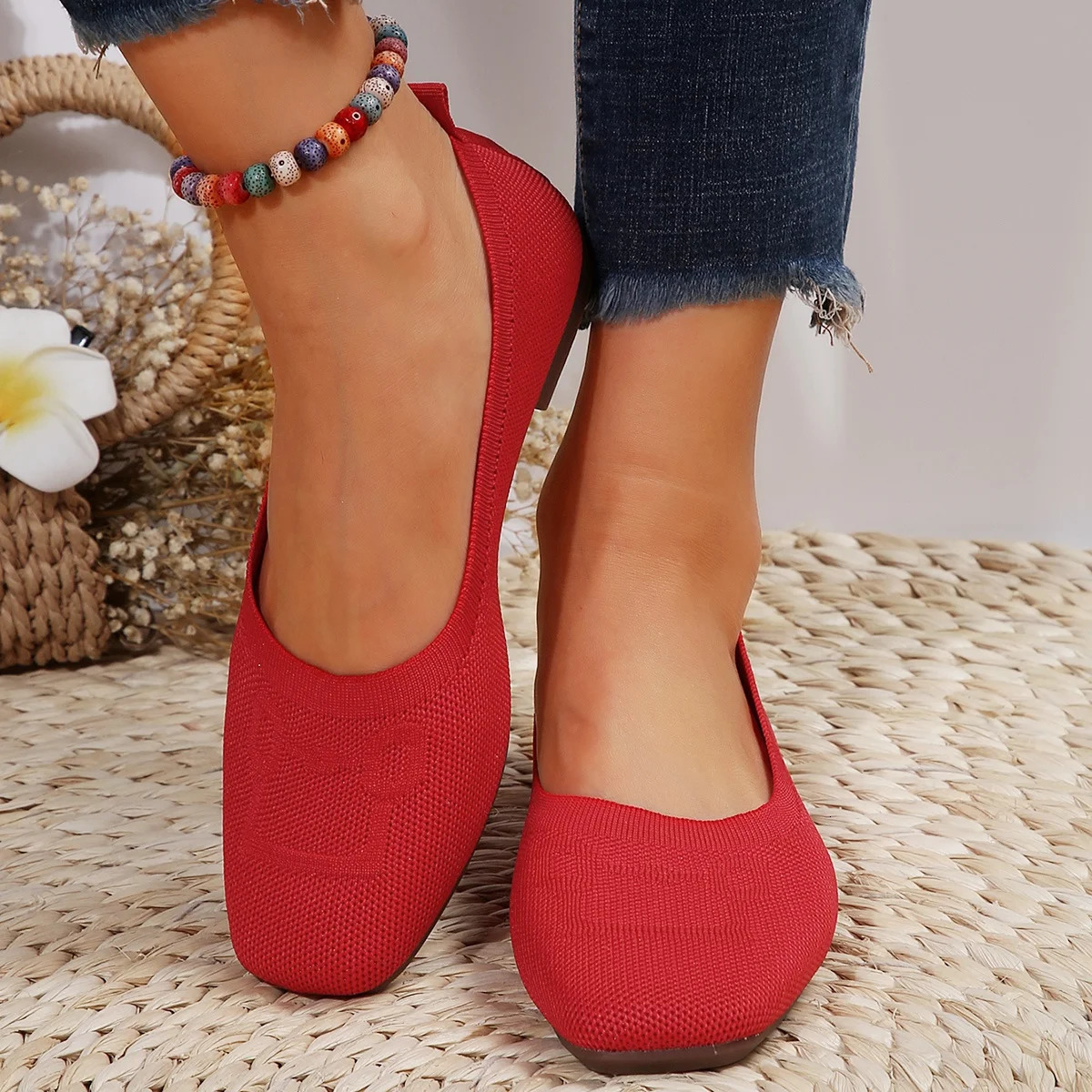 Womens Flat Shoes Solid Color Knitted Slippers Casual Breathable Ballet Soft Shoes Womens Flat Shoes Zapatos De Mujer 241213