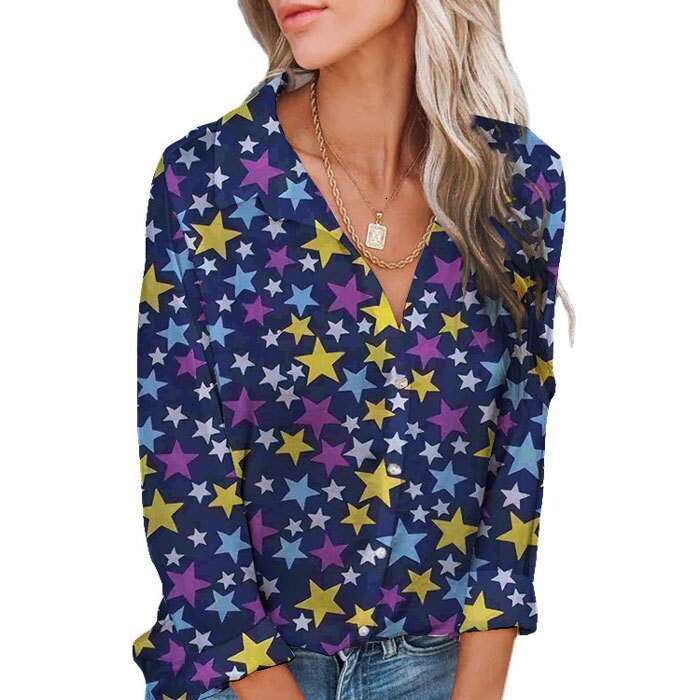 New European And American Fashion Loose Digital Print Lapel Shirt Long Sleeved Top Women's Trendy Clothing Fashionable Casual Temperament