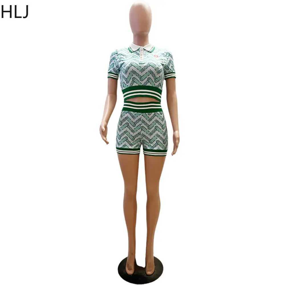Women's Two Piece Pants HLJ Blue Summer Printing Shorts Two Piece Sets Women Polo Nack Crop Top And Shorts Outfits Fashion Y2K Matching 2pcs Strt