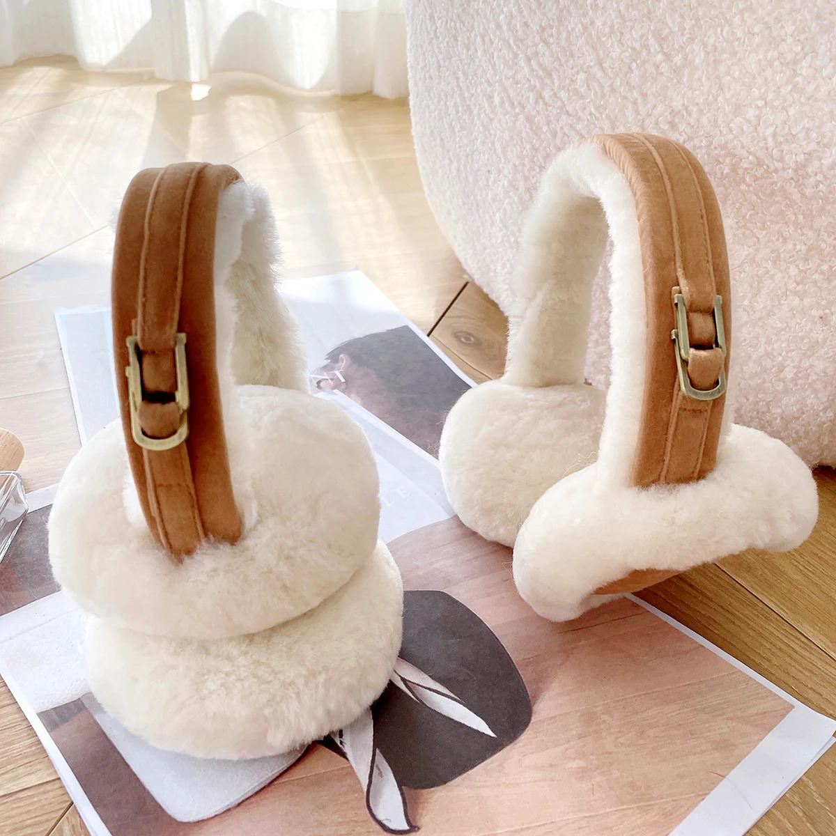 Natural wool earmuffs warm winter sheepskin earmuffs women soft warm solid earmuffs outdoor cold protection earmuffs 241211