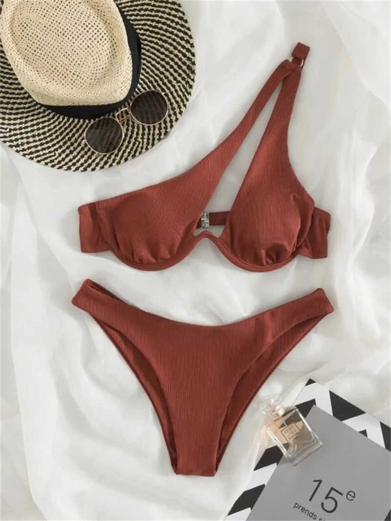Sexy One Shoulder Bikini Set 2024 Women Red Black Push Up Underwire Micro Swimsuit Brazilian Cut Out Bathing Suit Thong SwimwearXJ241212
